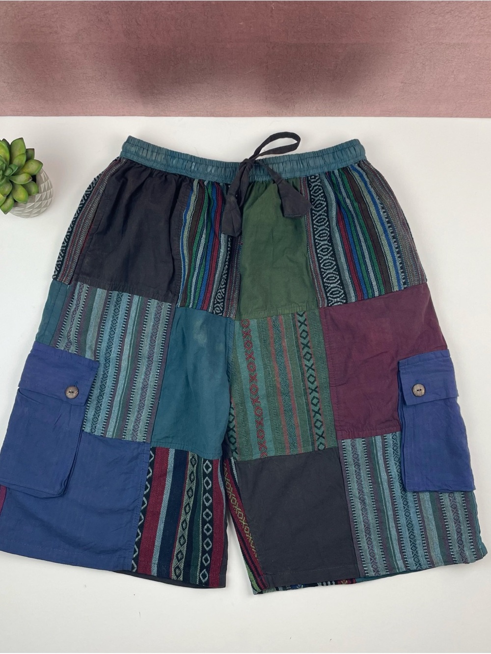 Kathmandu Imports Blue Green Red Patchwork Cargo Shorts Bohemian Women Medium
